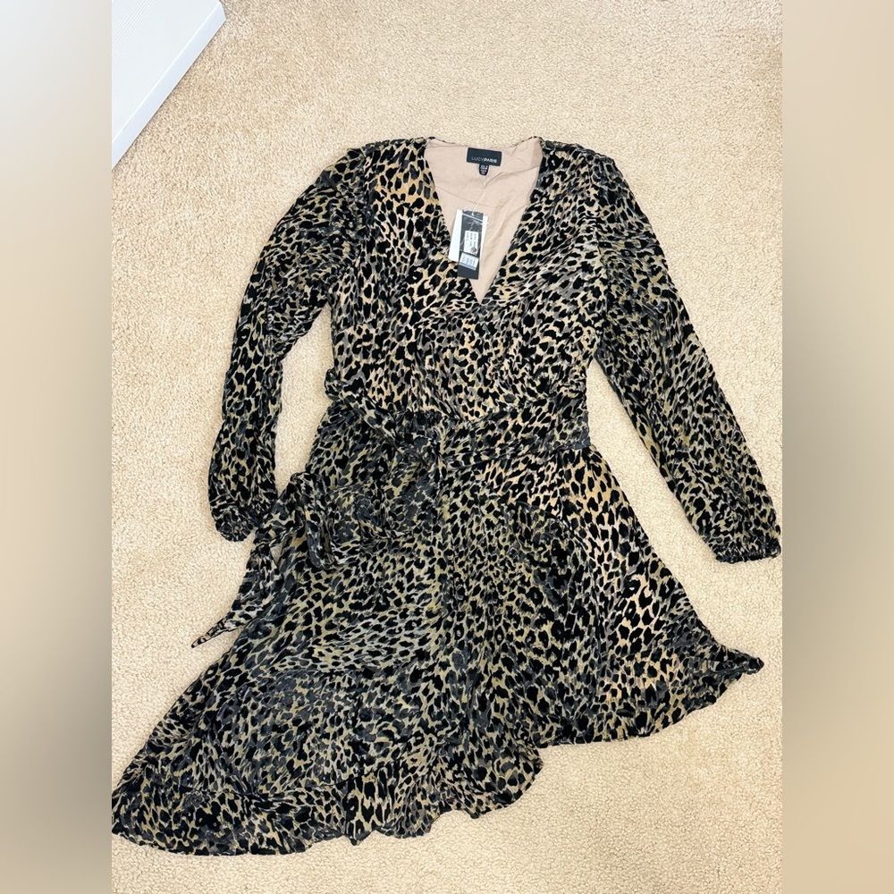 NWT Lucy Paris Asymmetrical Wrap Knee Length Animal Print Dress Sz S
